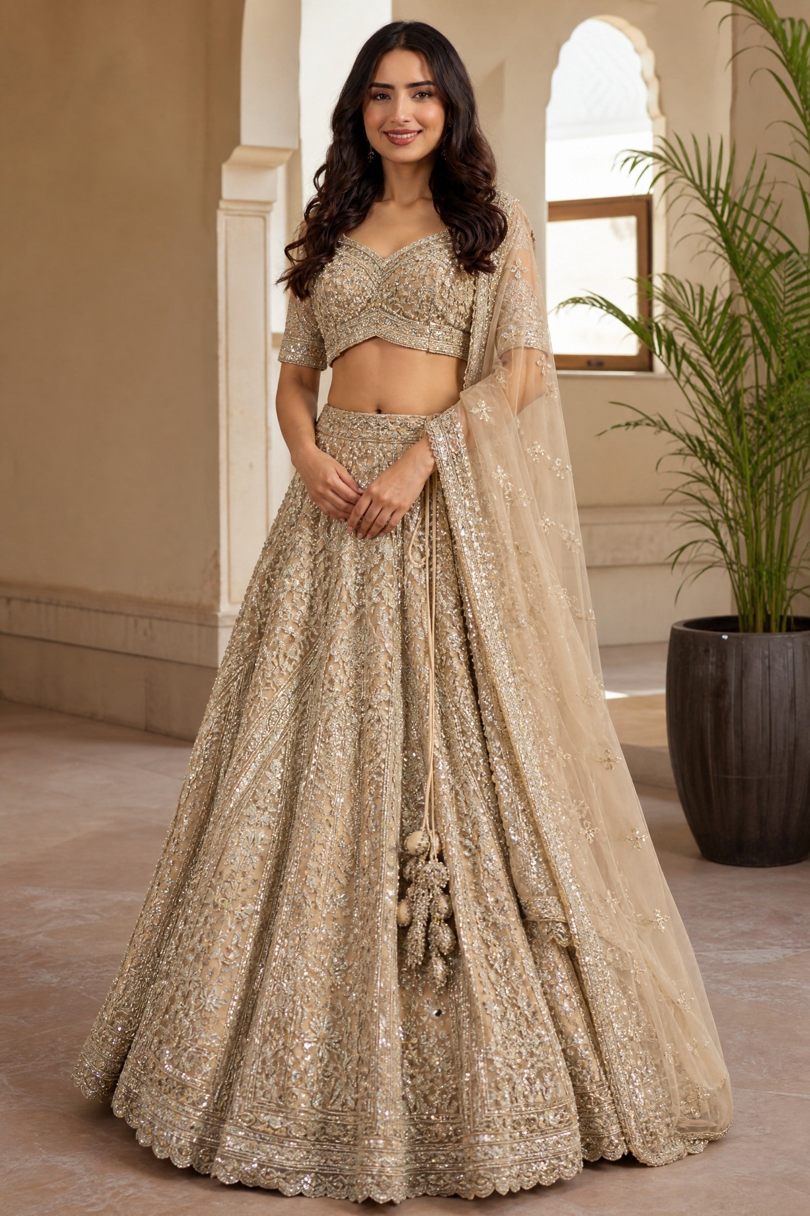 Peach Net Lehenga Set with Pearl Detail for Festive Wedding