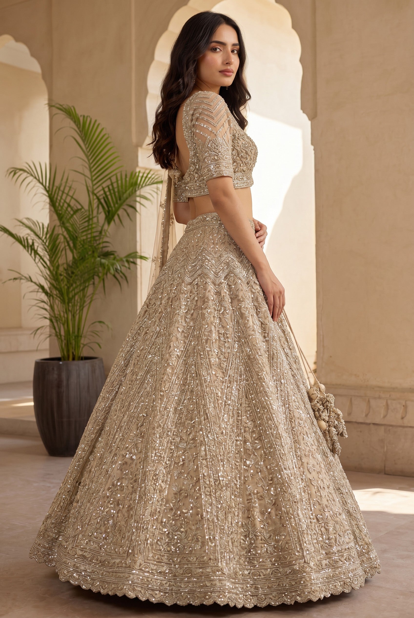 Peach Net Lehenga Set with Pearl Detail for Festive Wedding