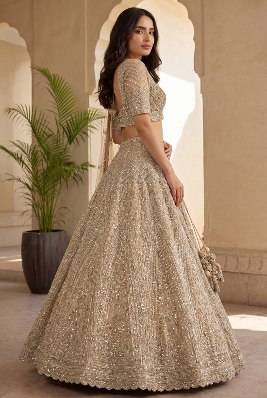 Peach Net Lehenga Set with Pearl Detail for Festive Wedding