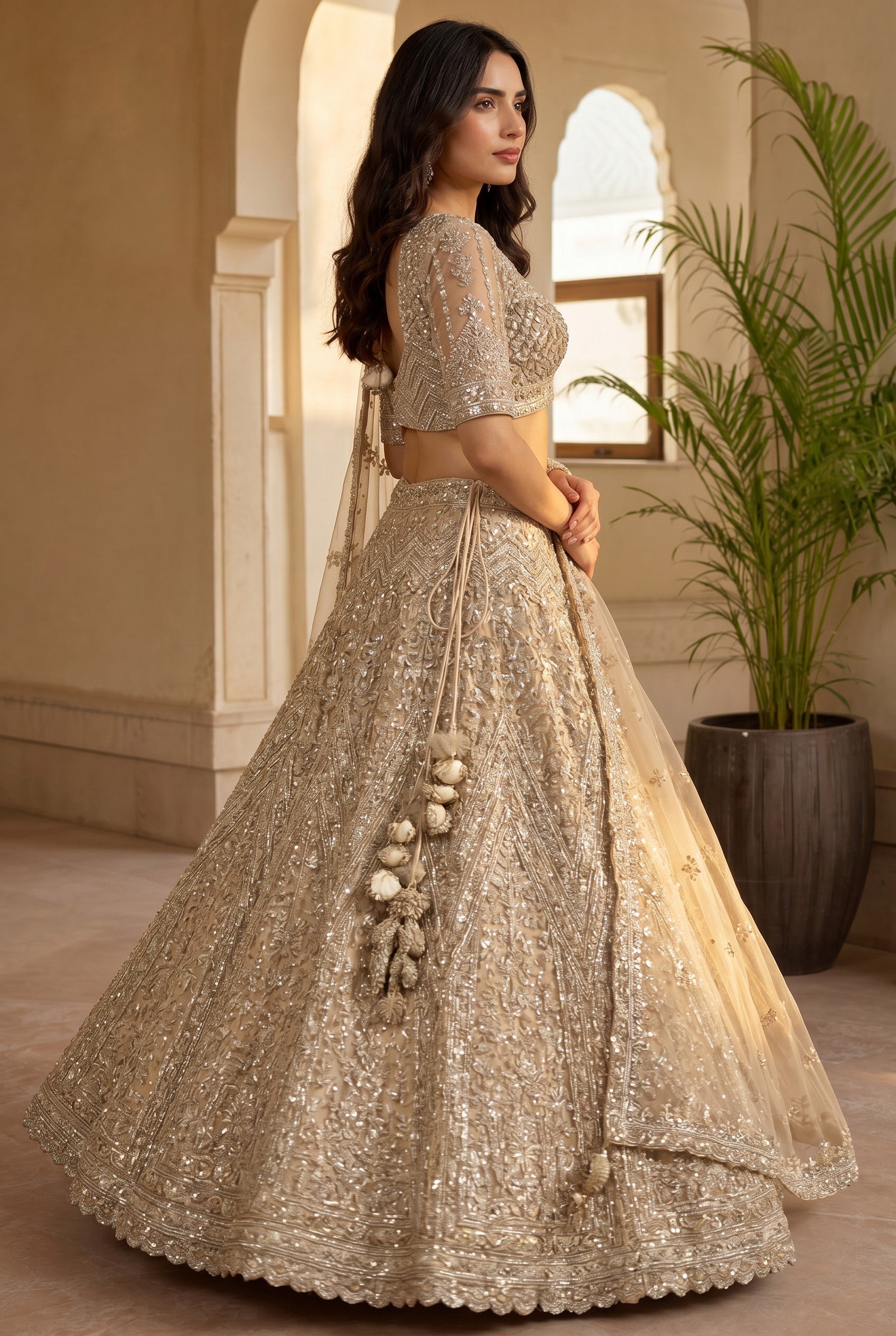 Peach Net Lehenga Set with Pearl Detail for Festive Wedding