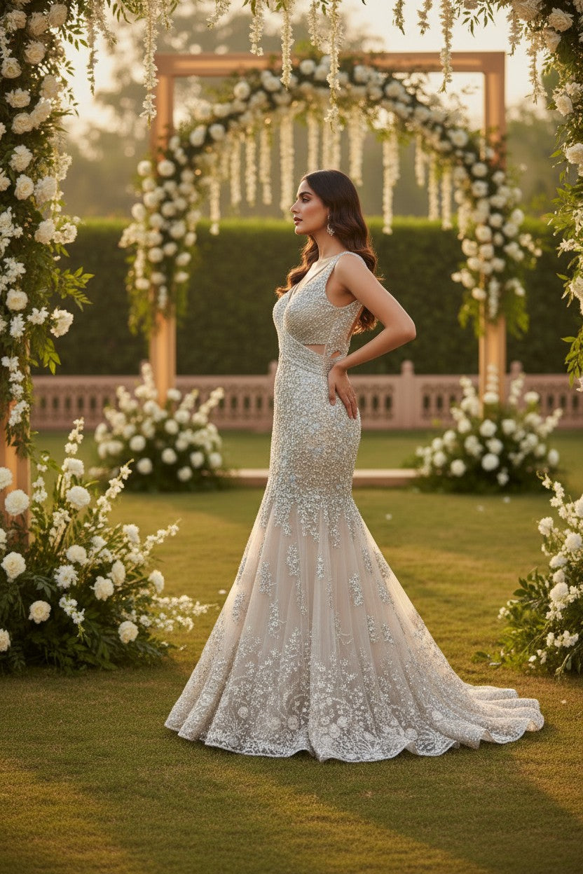 Beige Net Anarkali Gown with Zari Yoke for Festive Evening