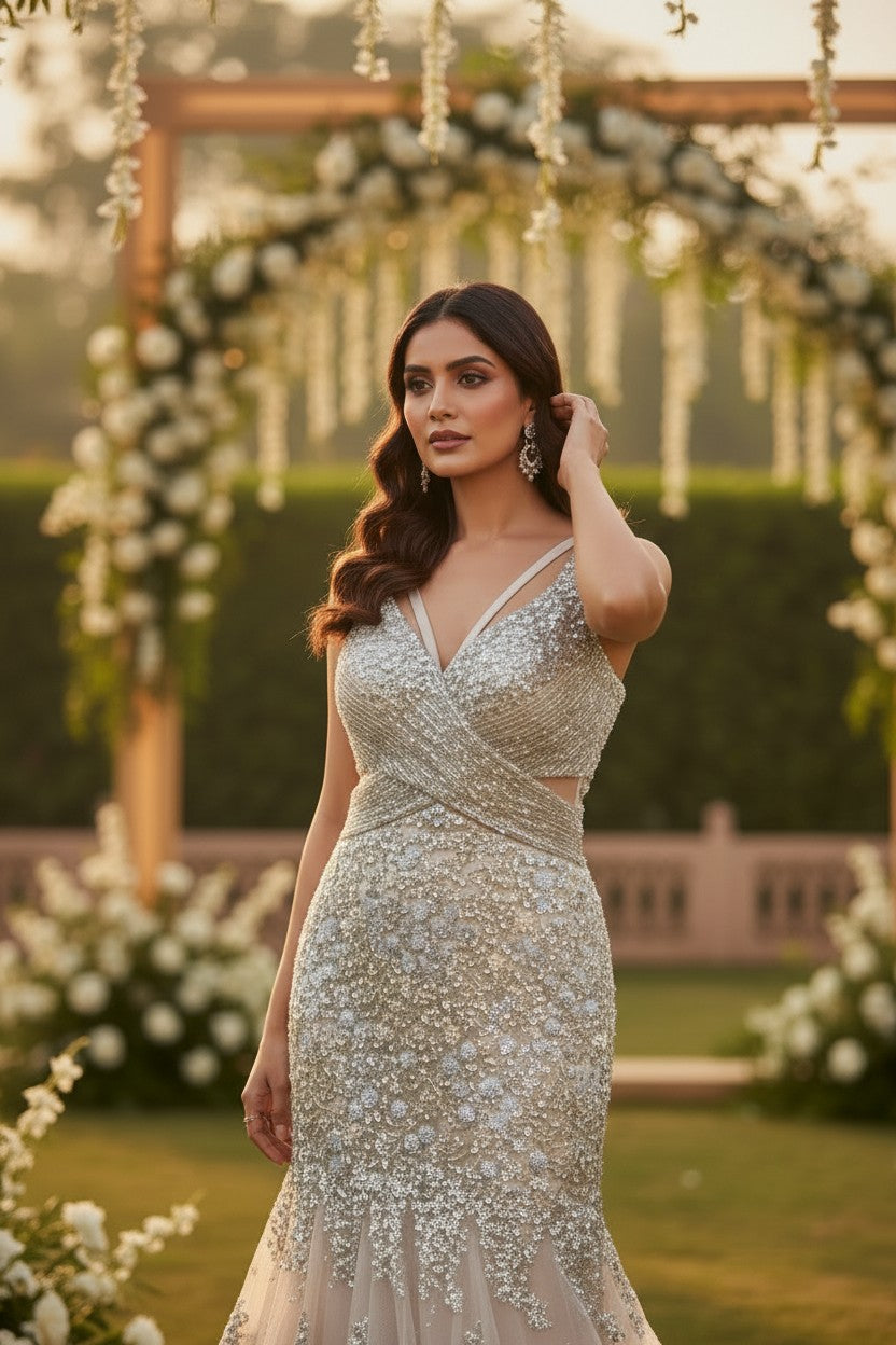 Beige Net Anarkali Gown with Zari Yoke for Festive Evening
