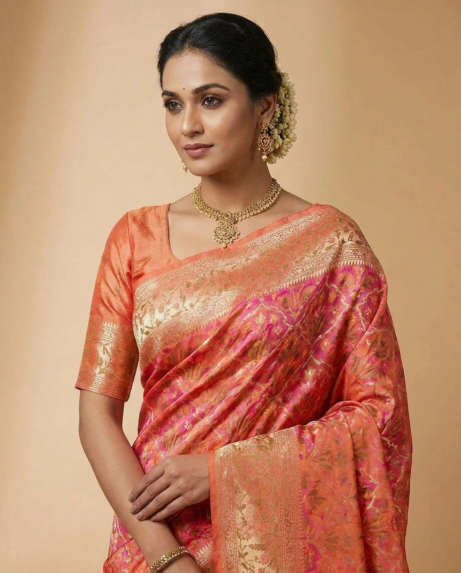 Classic Silk Katan Banarasi Saree with Floral Zari Work view 2