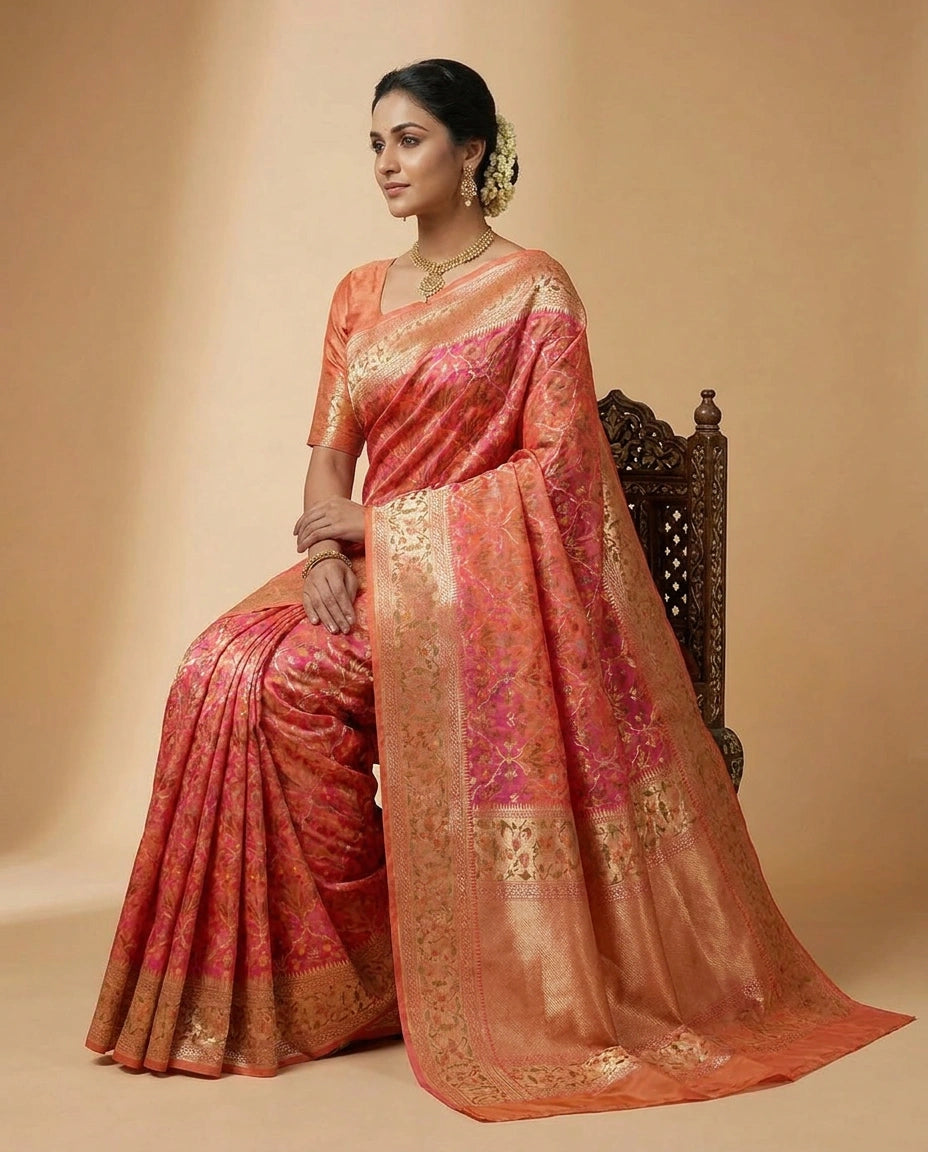 Classic Silk Katan Banarasi Saree with Floral Zari Work view 4