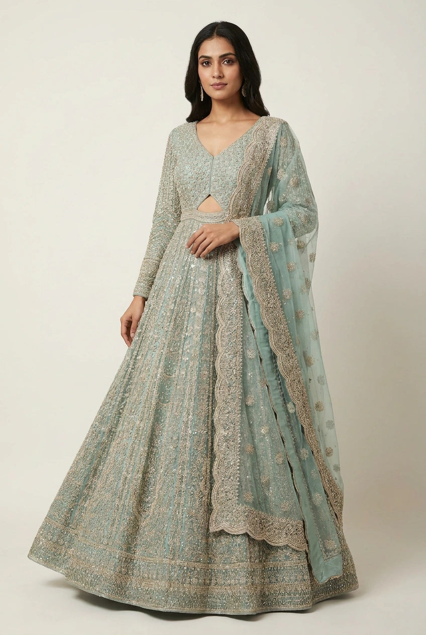 Woman wearing a traditional outfit with a light blue and beige color scheme on a plain background