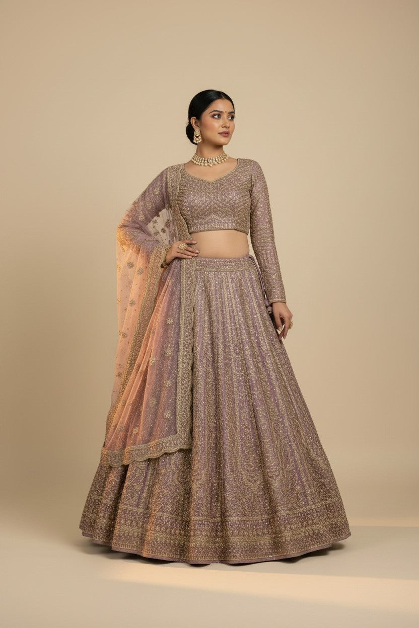 Artisan Embroidered Net Lehenga Choli Set - Wine | Rangoli