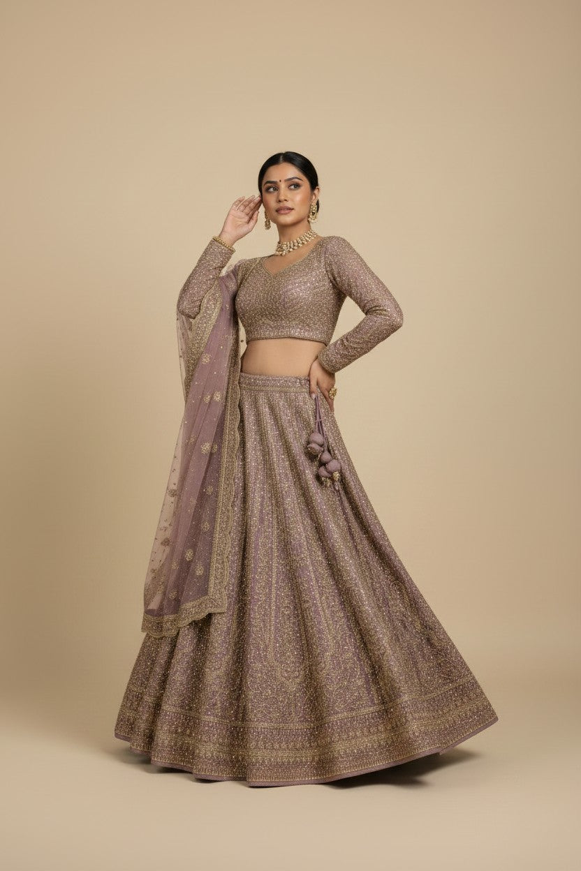 Artisan Embroidered Net Lehenga Choli Set - Mauve | Rangoli