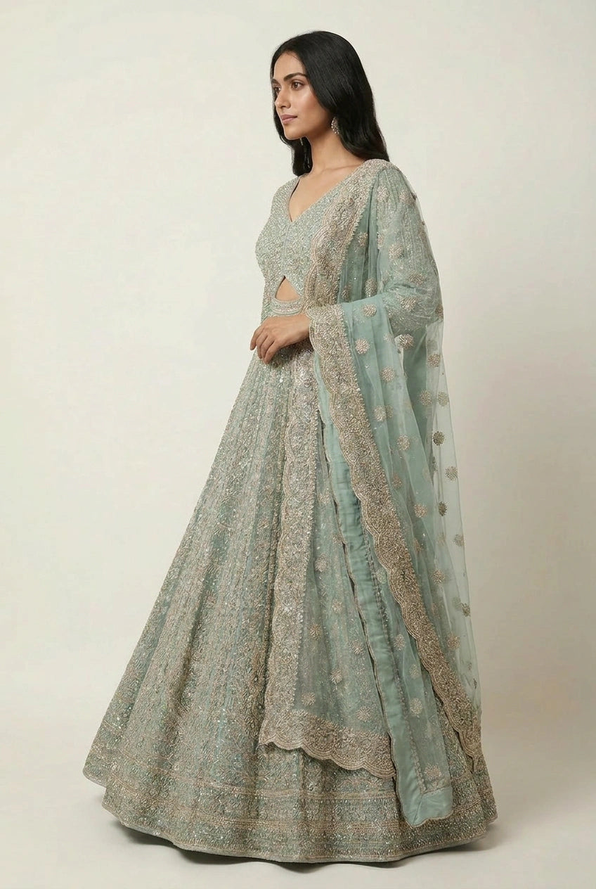 Woman wearing a traditional light blue and gold embroidered outfit on a plain background