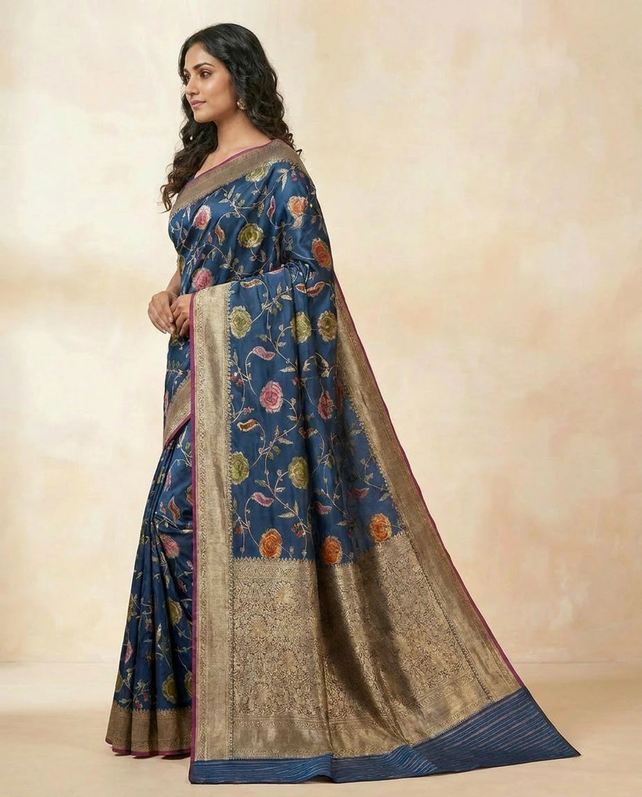 Silk Katan Banarasi Saree with Fine Zari Brocade Border view 3