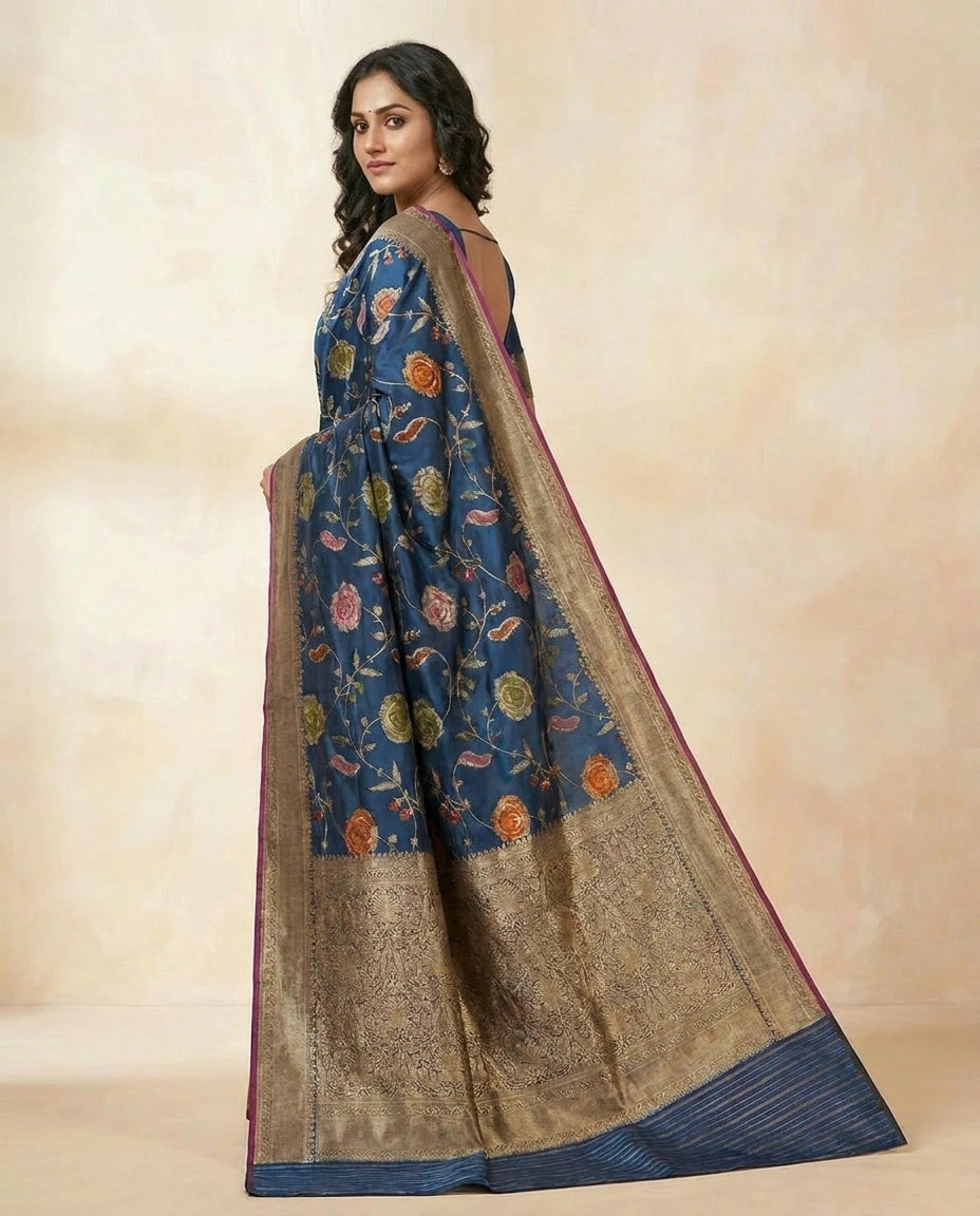 Silk Katan Banarasi Saree with Fine Zari Brocade Border view 4