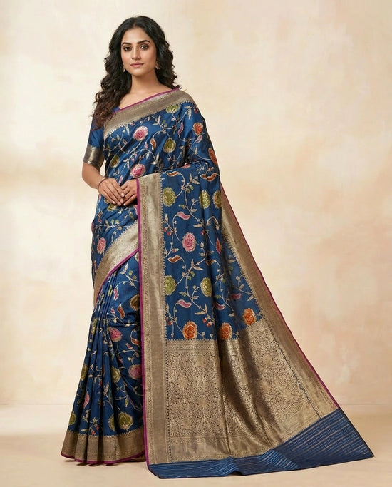 Navy Blue Silk Katan Banarasi Saree with Fine Zari Brocade Border