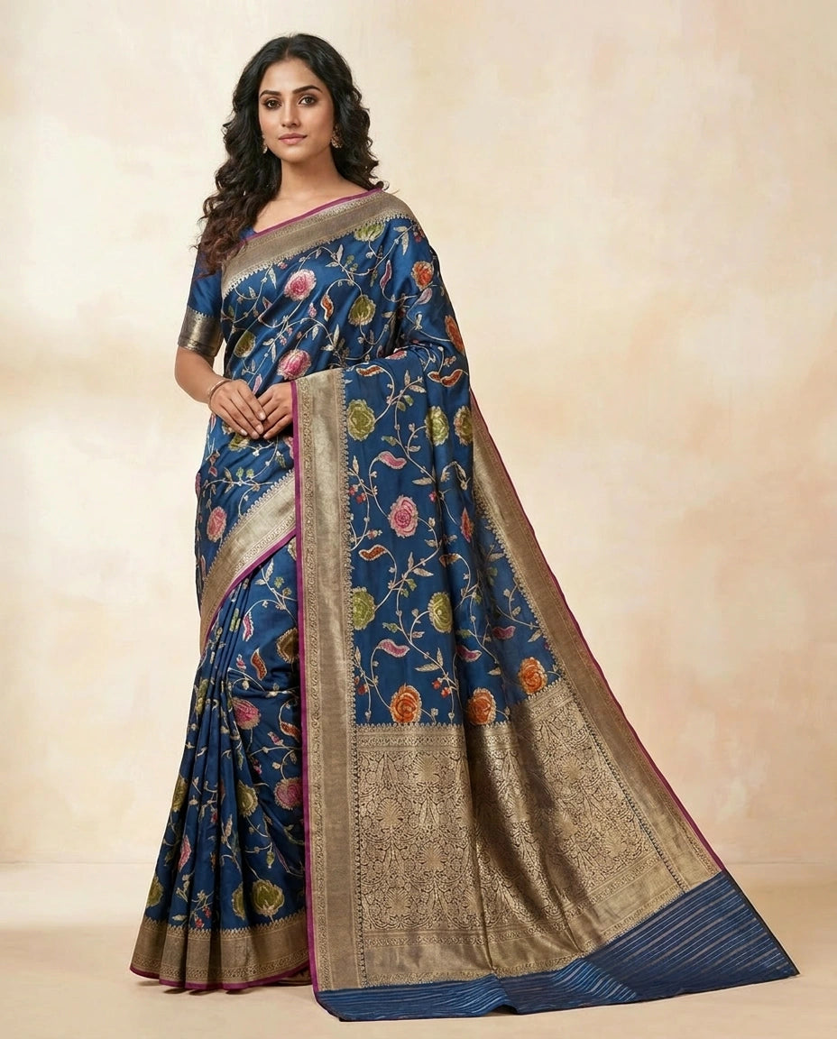 Navy Blue Silk Katan Banarasi Saree with Fine Zari Brocade Border