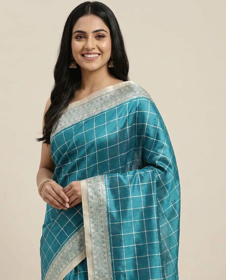 Tussar Silk Embroidered Saree with Woven Border - Rangoli India