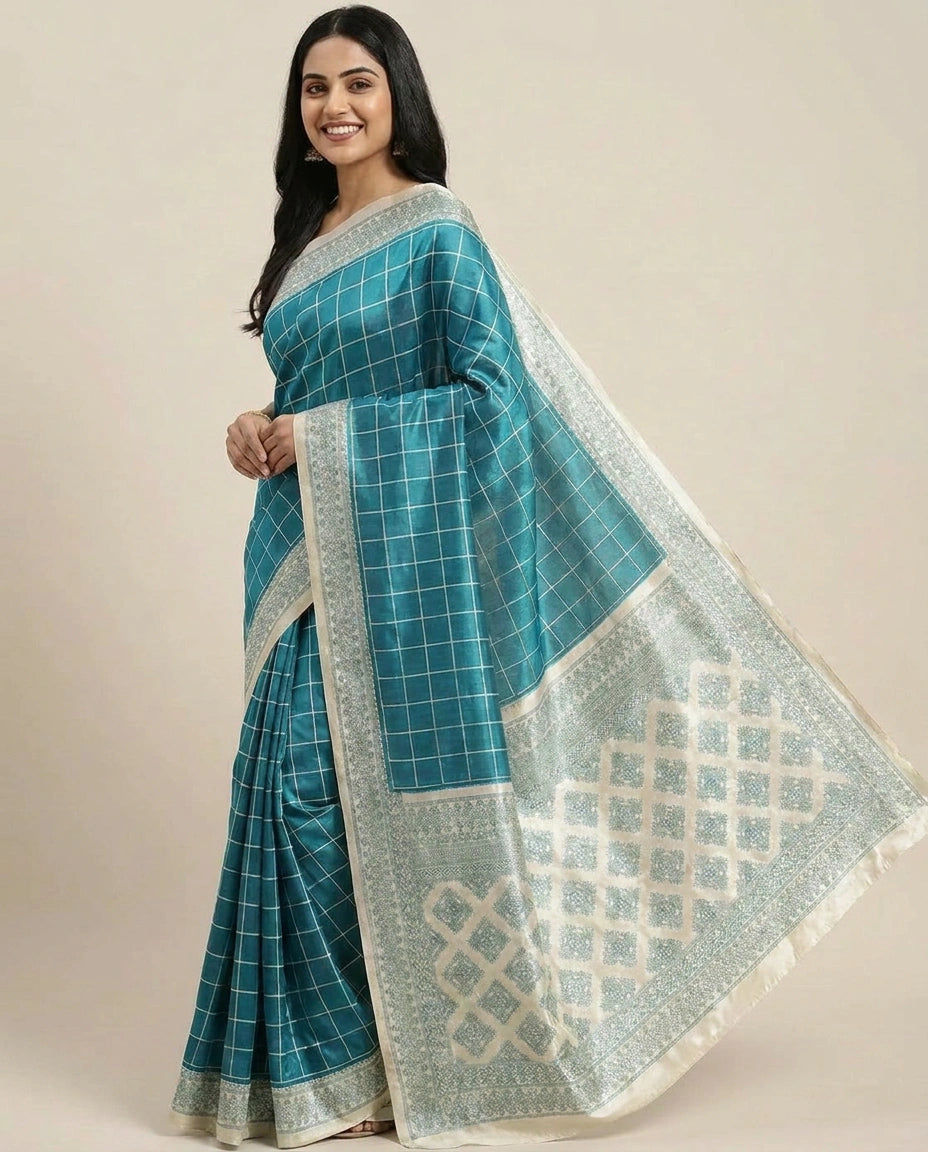 Tussar Silk Embroidered Saree with Woven Border - Rangoli India