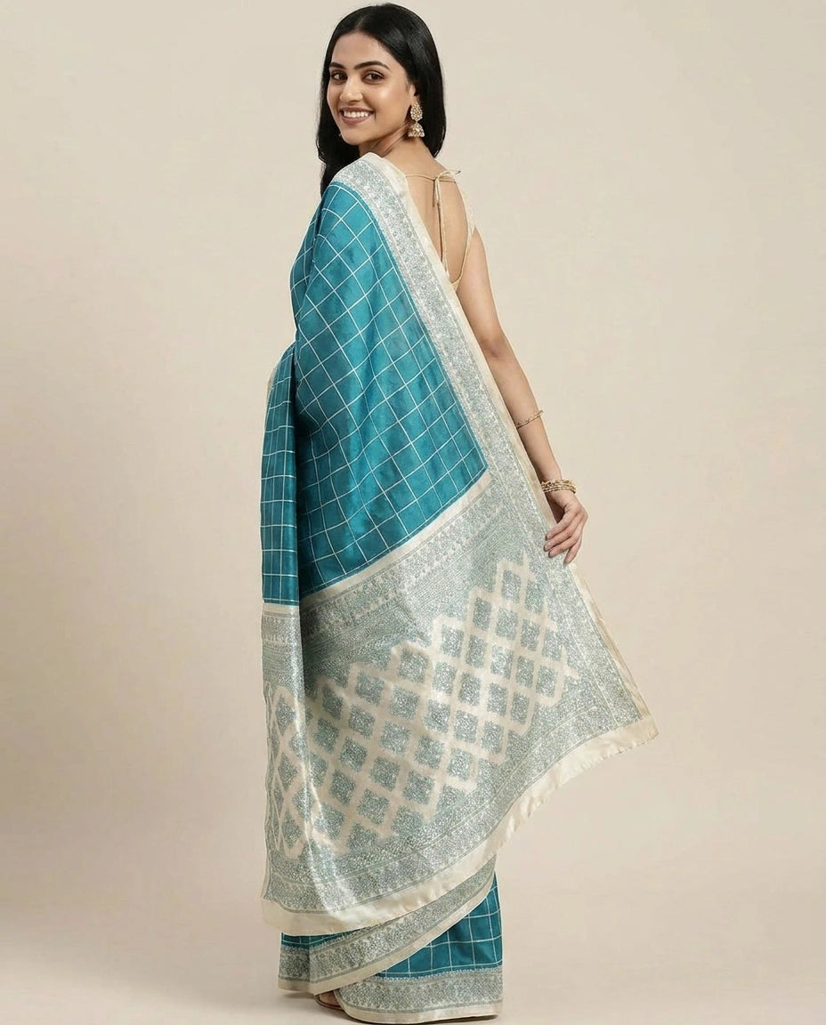 Tussar Silk Embroidered Saree with Woven Border - Rangoli India