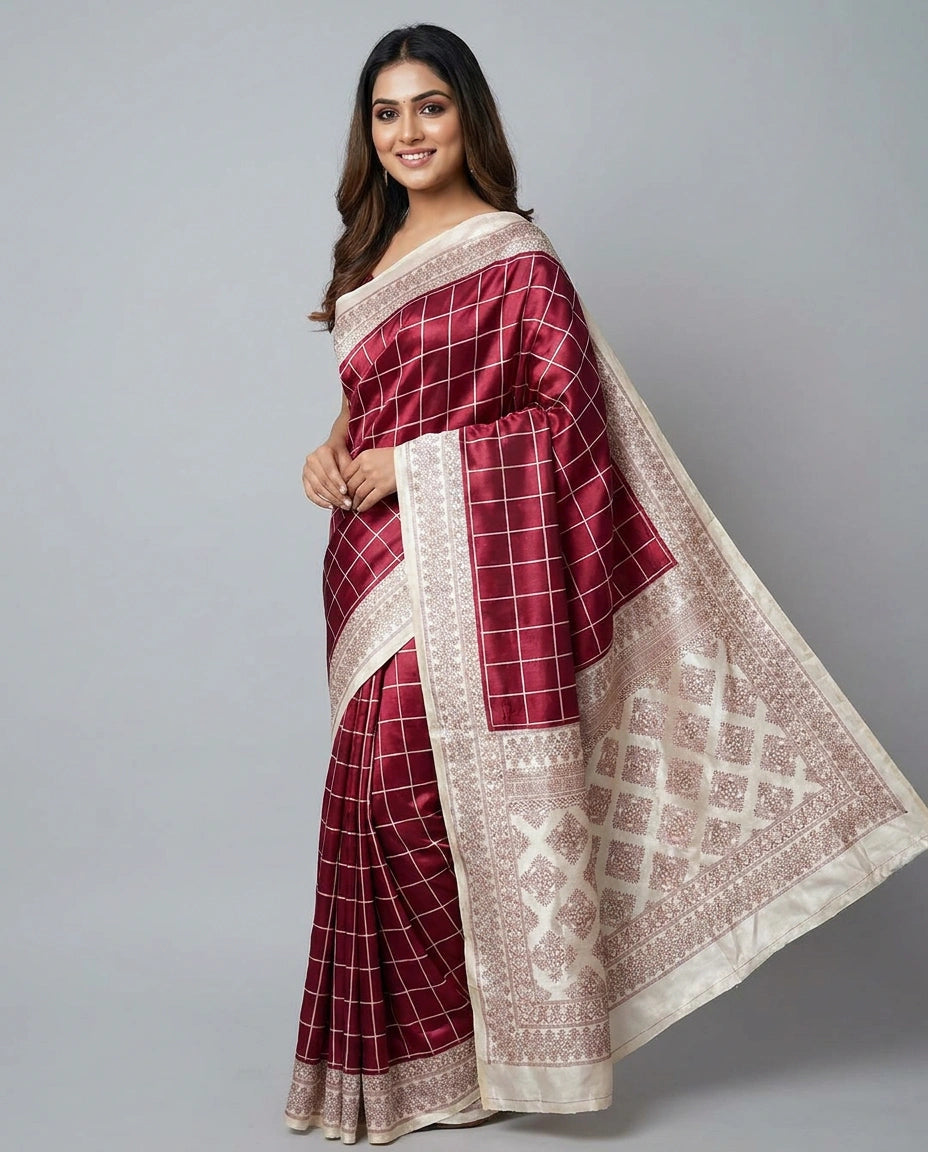 Tussar Silk Embroidered Saree with Woven Border - Rangoli India