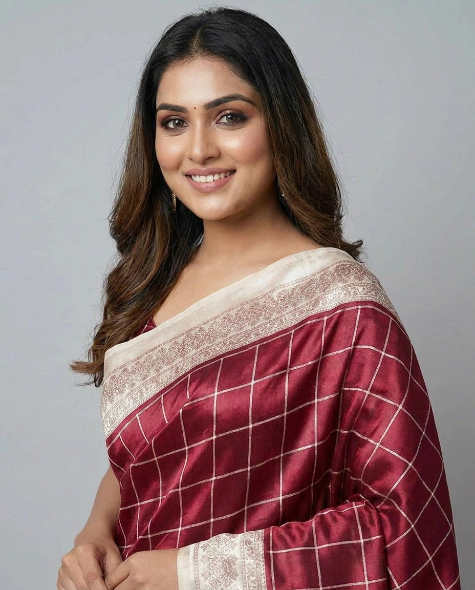 Tussar Silk Embroidered Saree with Woven Border - Rangoli India