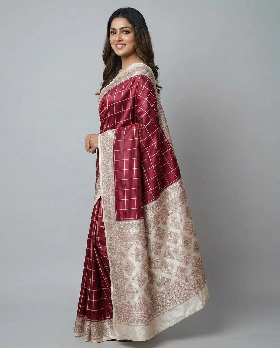 Tussar Silk Embroidered Saree with Woven Border - Rangoli India