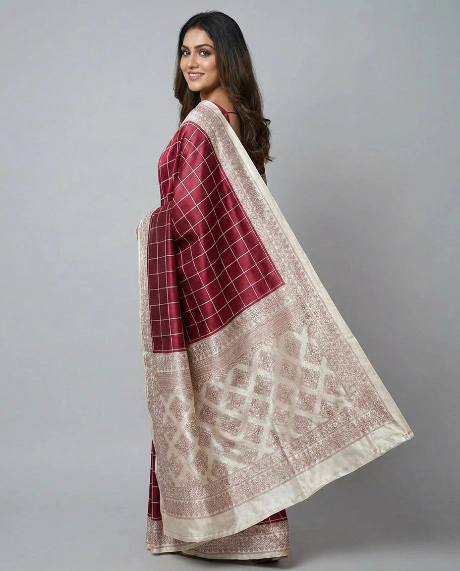 Tussar Silk Embroidered Saree with Woven Border - Rangoli India