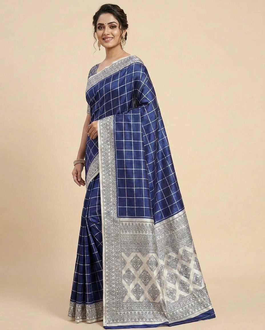 Tussar Silk Embroidered Saree with Woven Border - Rangoli India
