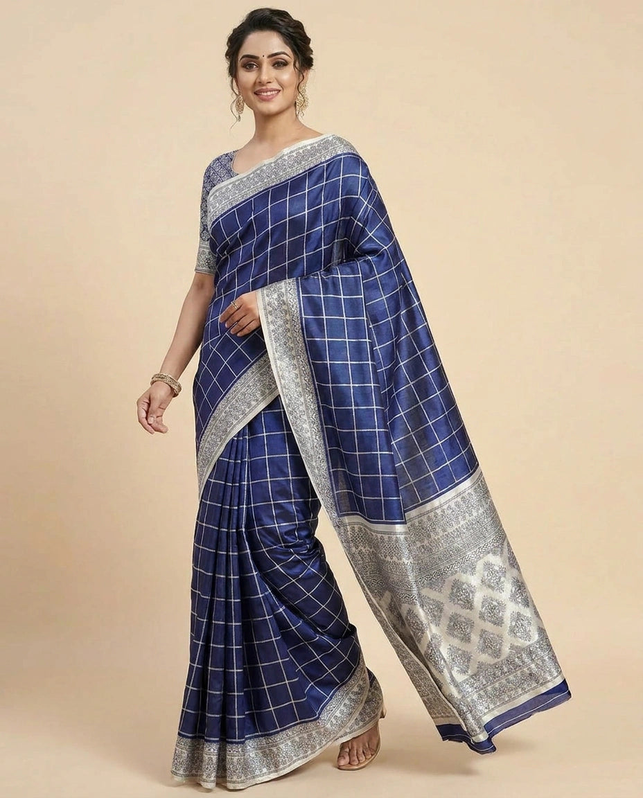 Tussar Silk Embroidered Saree with Woven Border - Rangoli India