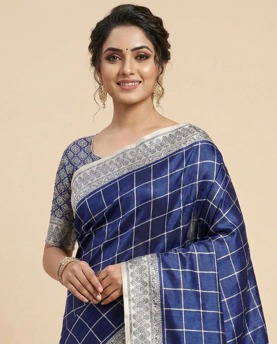 Tussar Silk Embroidered Saree with Woven Border - Rangoli India