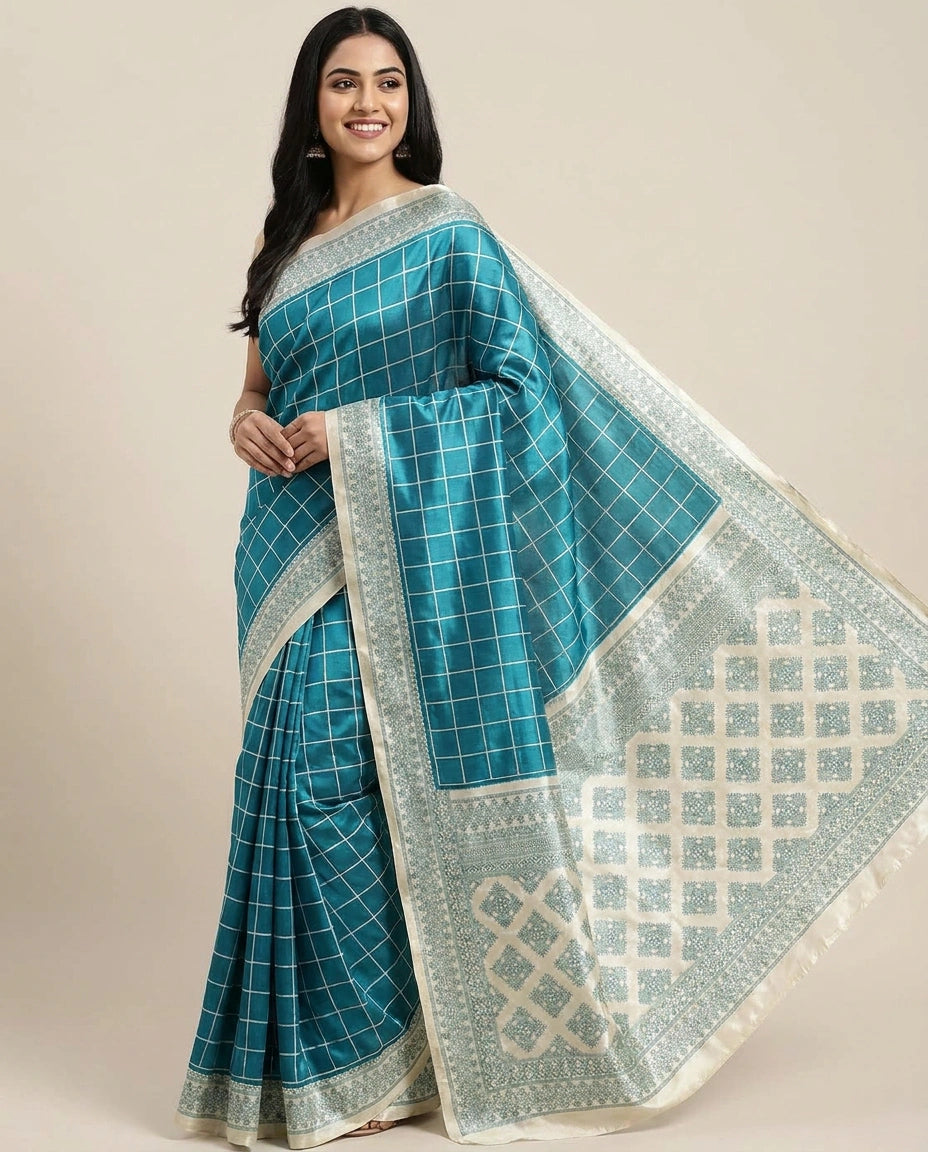Tussar Silk Embroidered Saree with Woven Border - Rangoli India