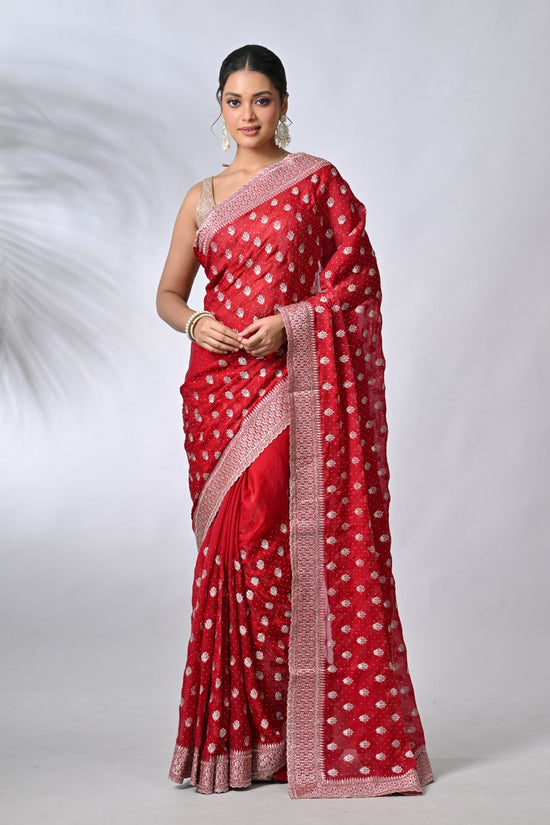 Rani Fuchsia Pink Satin Embroidery Saree - Rangoli India