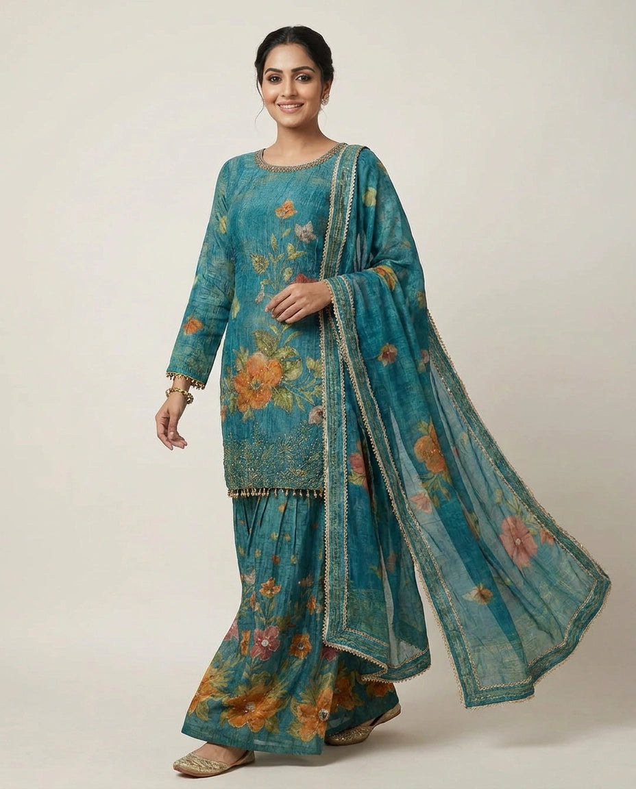 Sharara Suit in Crush Tissue - Rangoli India