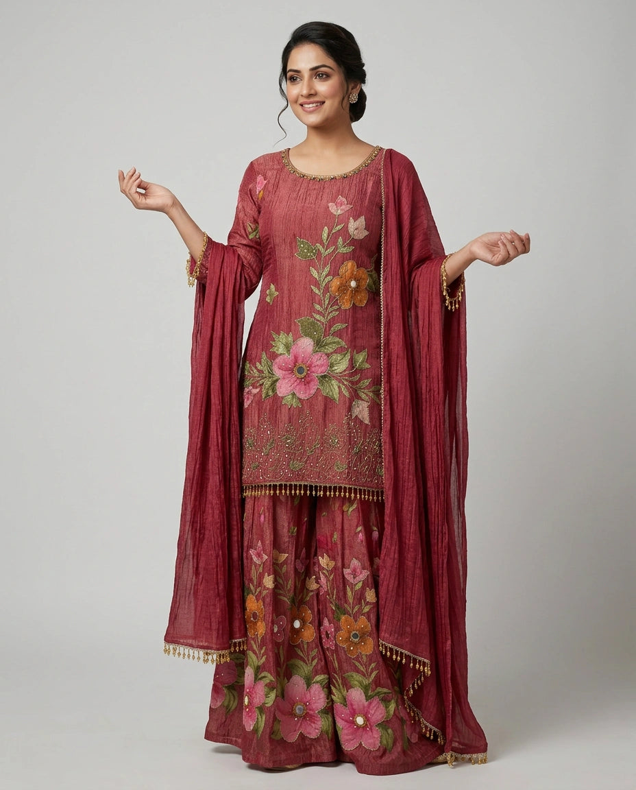Sharara Suit in Crush Tissue - Rangoli India