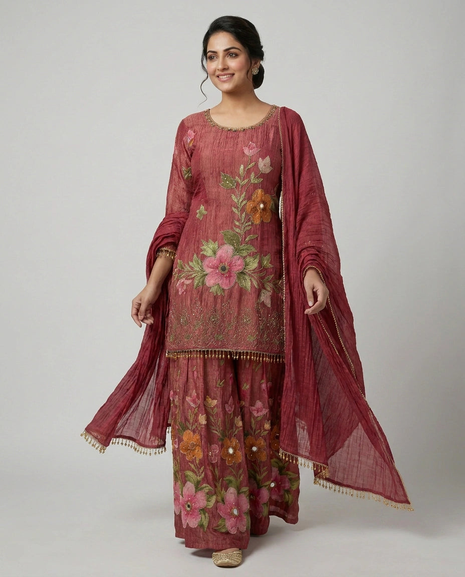 Sharara Suit in Crush Tissue - Rangoli India