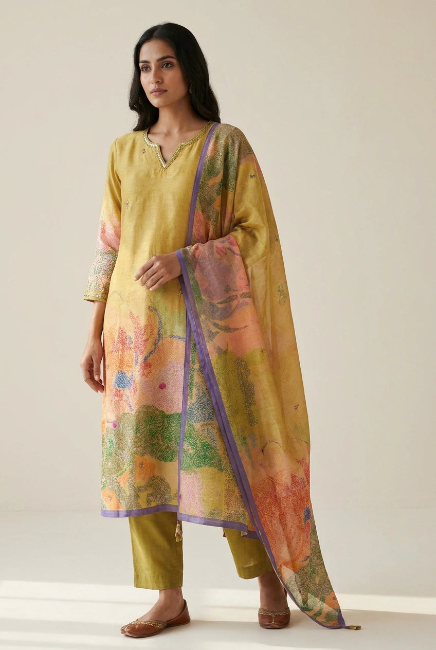 Lime Green Crepe Silk Straight Suit with Embroidery for Daily Wear