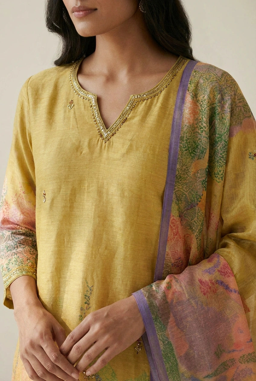 Lime Green Crepe Silk Straight Suit with Embroidery for Daily Wear