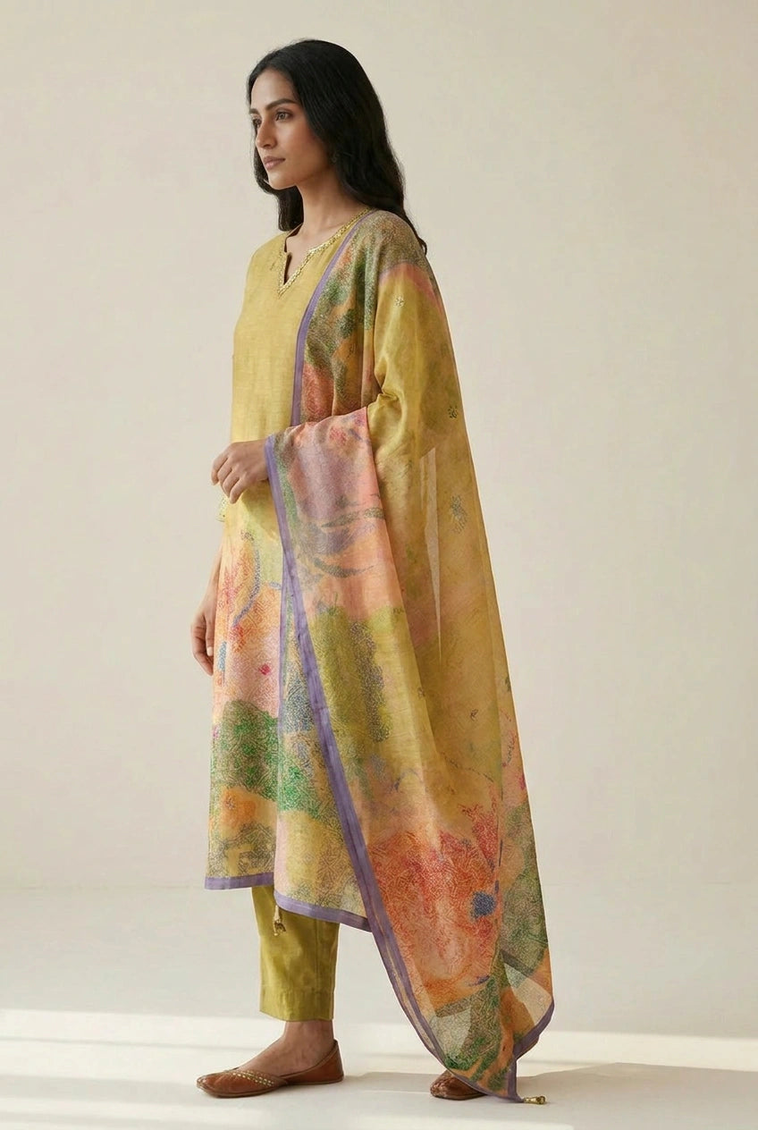 Lime Green Crepe Silk Straight Suit with Embroidery for Daily Wear