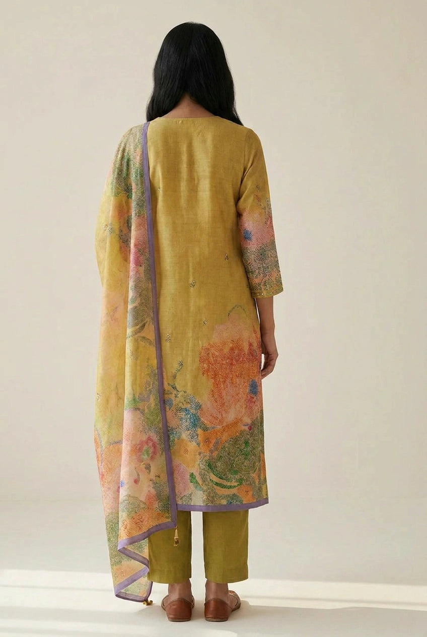 Lime Green Crepe Silk Straight Suit with Embroidery for Daily Wear