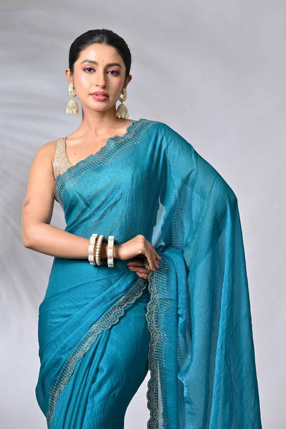 Firozi Blue Designer Chiffon Sarees