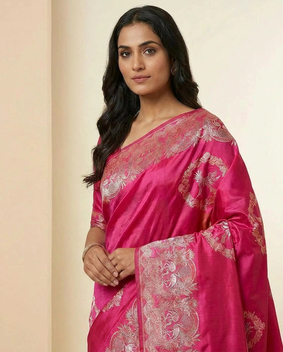 Handwoven Silk Katan Banarasi Saree with Fine Zari Pallu view 2