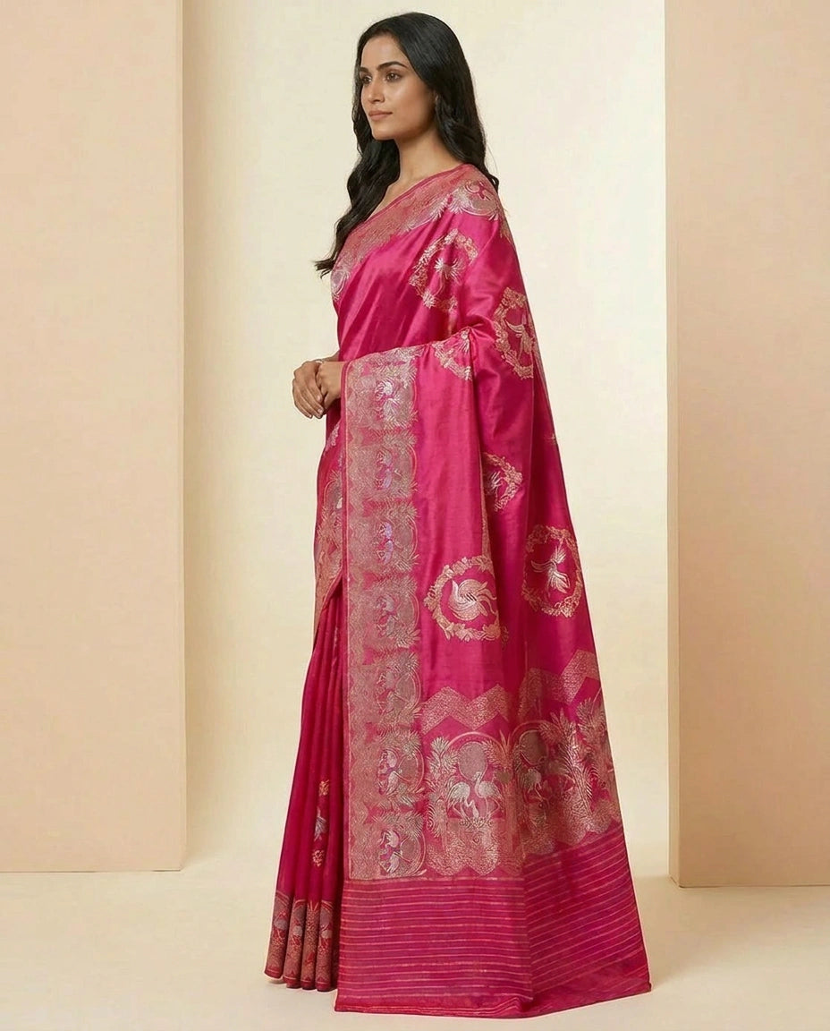 Handwoven Silk Katan Banarasi Saree with Fine Zari Pallu view 3