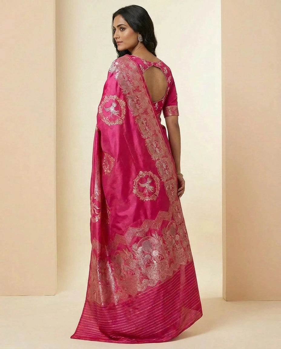 Handwoven Silk Katan Banarasi Saree with Fine Zari Pallu view 4