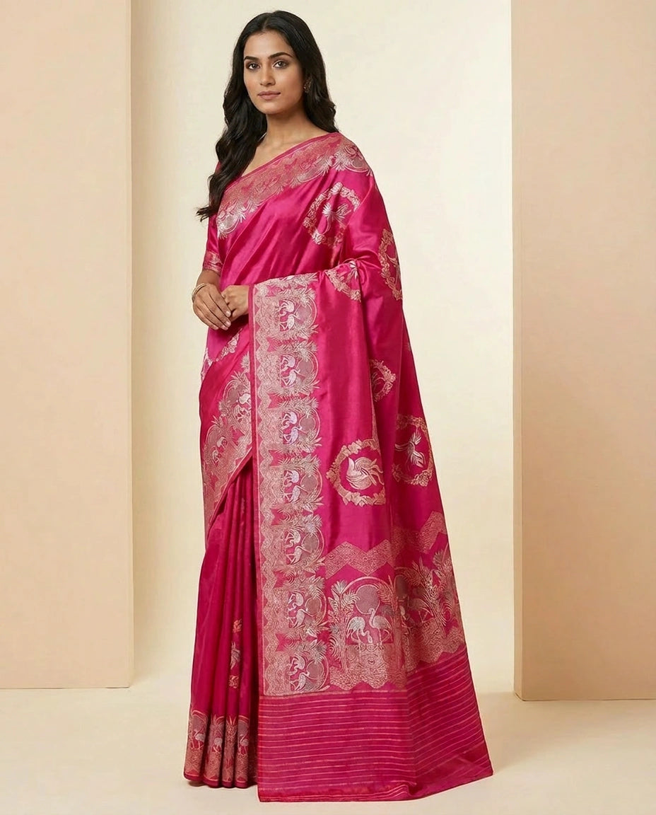 Rani Handwoven Silk Katan Banarasi Saree with Fine Zari Pallu