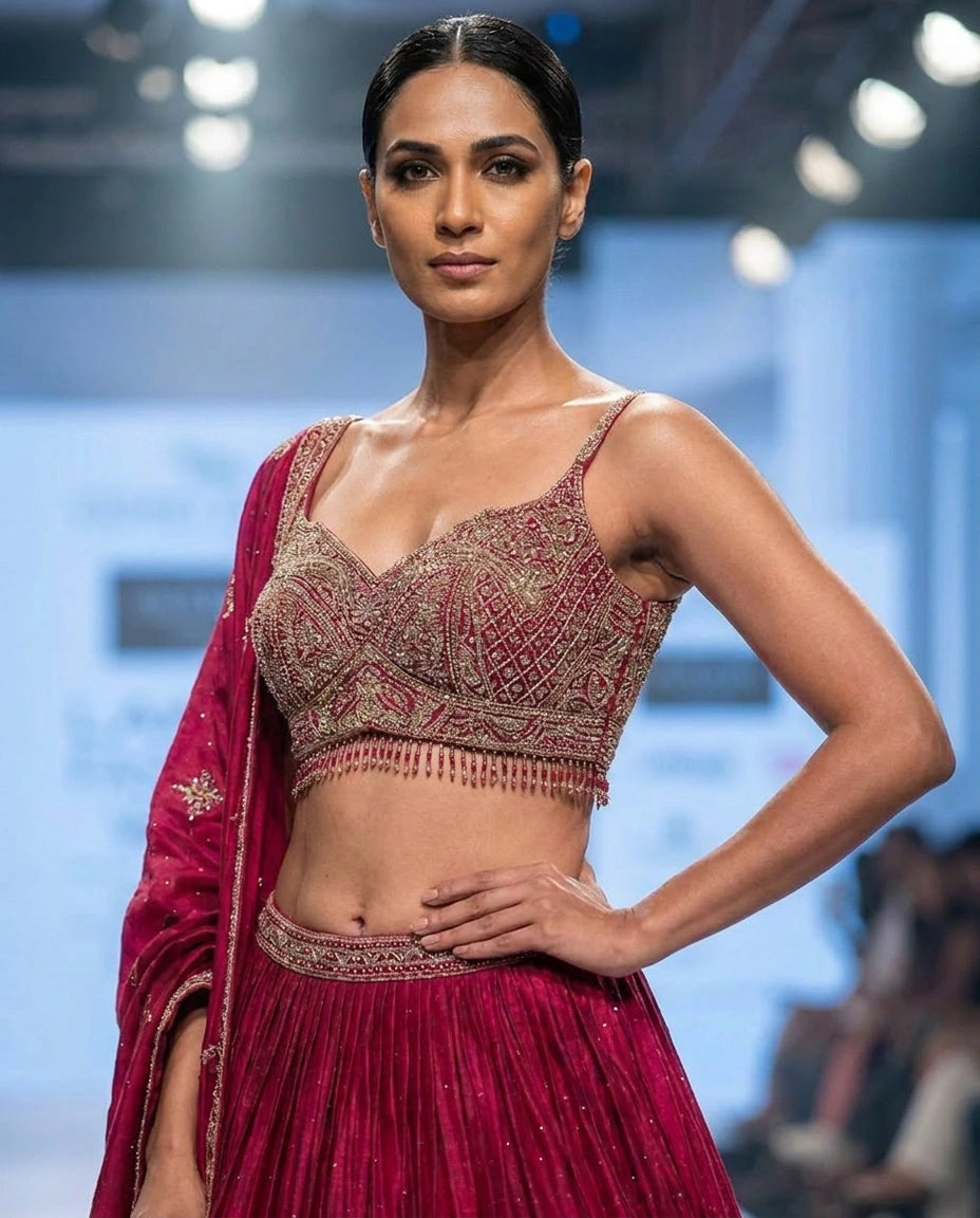 Chinon Silk Croptop Lehenga with Resham Embroidered Choli - Rangoli India