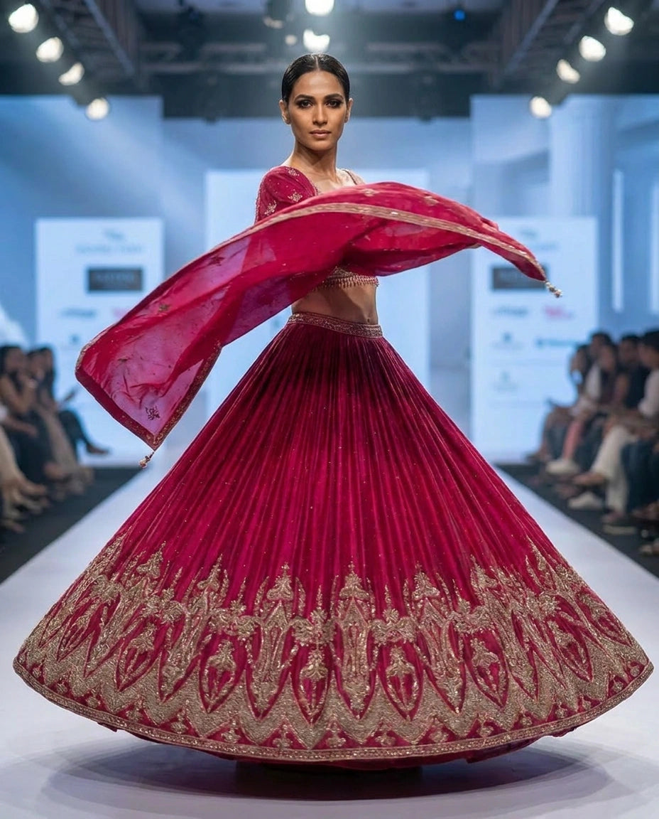 Chinon Silk Croptop Lehenga with Resham Embroidered Choli - Rangoli India