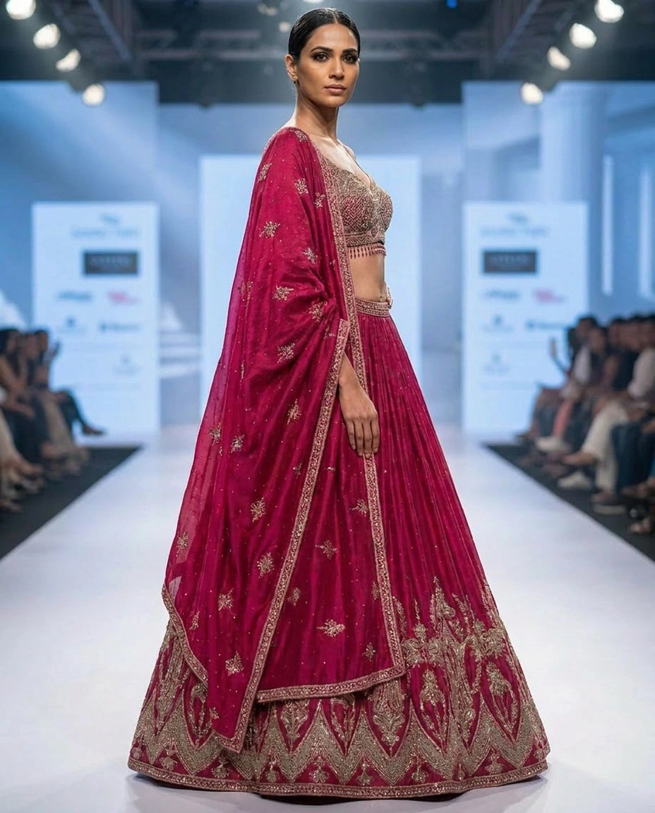 Chinon Silk Croptop Lehenga with Resham Embroidered Choli - Rangoli India