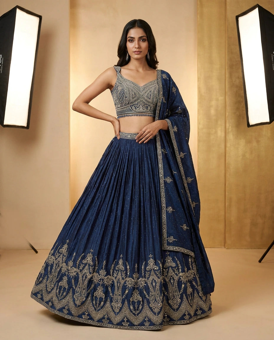 Chinon Silk Croptop Lehenga with Resham Embroidered Choli - Rangoli India