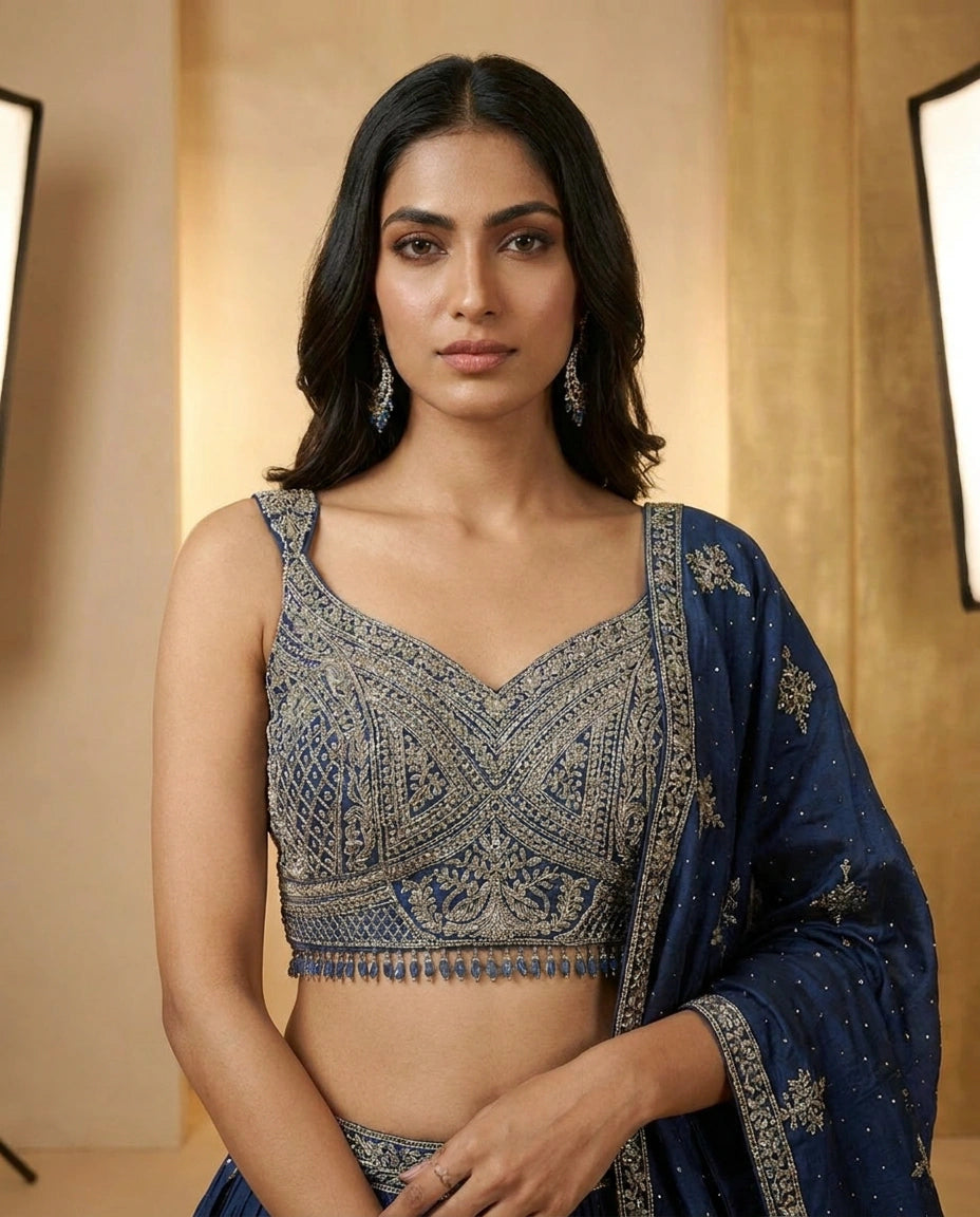 Chinon Silk Croptop Lehenga with Resham Embroidered Choli - Rangoli India