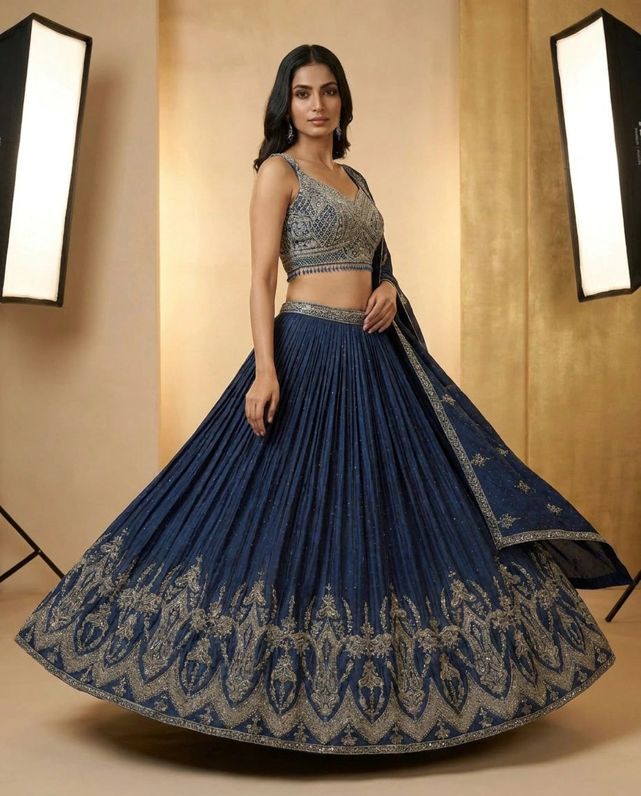 Chinon Silk Croptop Lehenga with Resham Embroidered Choli - Rangoli India
