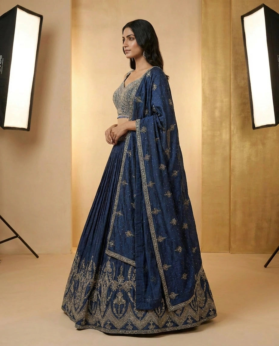 Chinon Silk Croptop Lehenga with Resham Embroidered Choli - Rangoli India