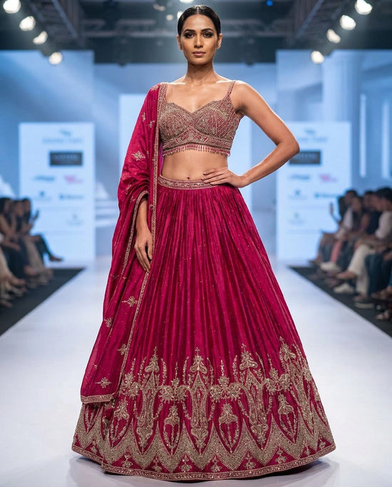 Chinon Silk Croptop Lehenga with Resham Embroidered Choli - Rangoli India