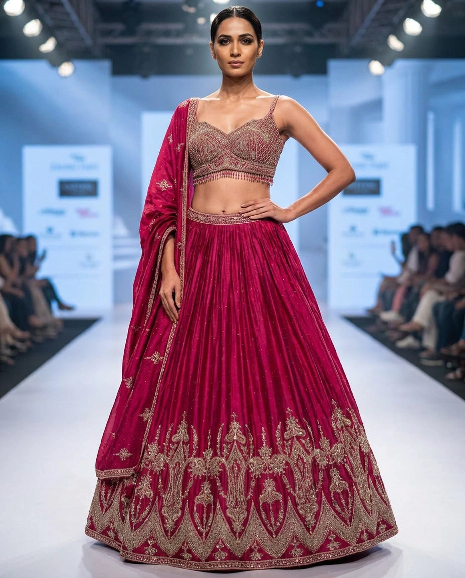 Chinon Silk Croptop Lehenga with Resham Embroidered Choli - Rangoli India