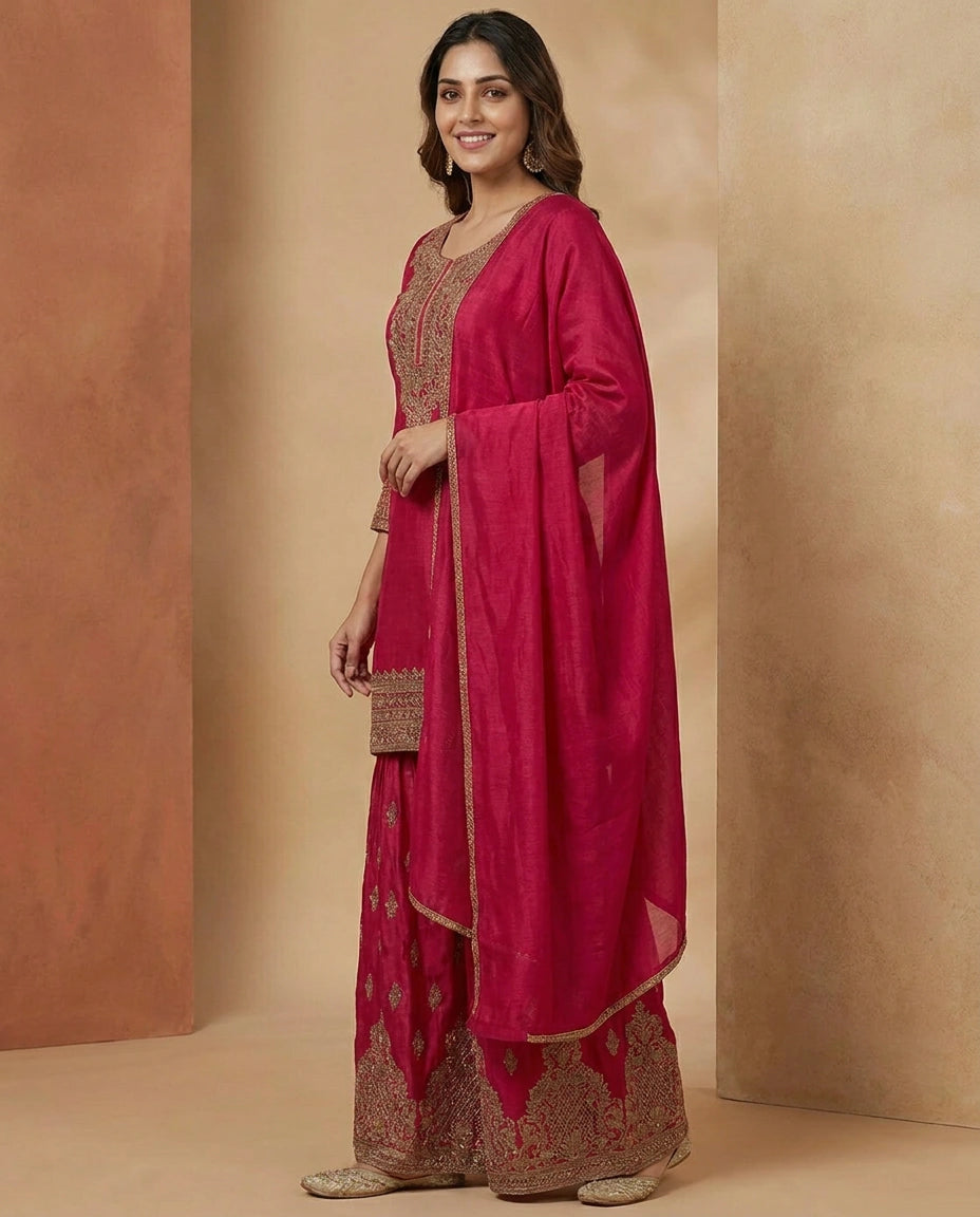 Chinon Sharara Suit in Embroidered - Rangoli India